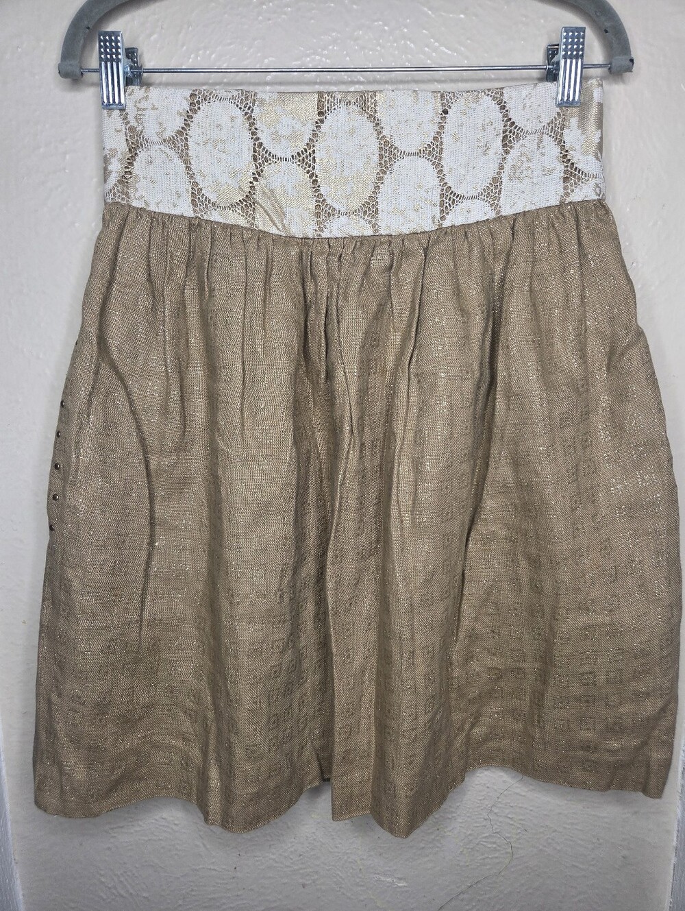 Anthropologie Lauren Moffat Linen skirt Gold Lurex Gilded, Side Pockets Sz 2
